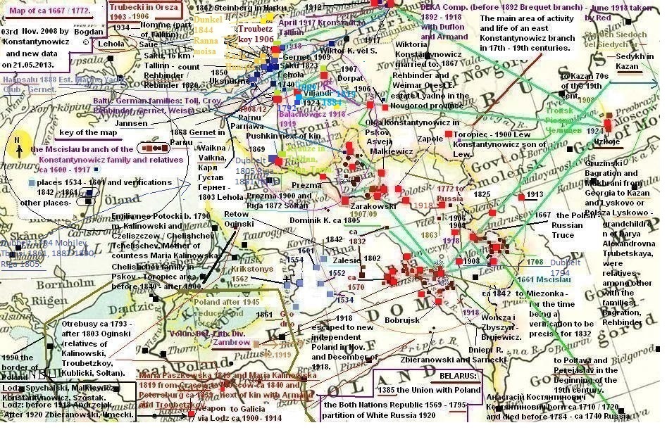 History and genealogy of the Constantinovich family with relatives: Troubetzkoy, Radziwill, Piottuch-Kublicki, Sedykh from Kazan, Soltan, Oginski, Paszkowski and Kalinowski from Cracow, Zbieranowski, Zarako-Zarakowski, Malkiewicz, Armand in Moscow and Petersburg, Gernet from Estonia, Bakst, Demonet or De Monet, Dizeren, Azbelev, Holynski of 18th cent., Bagration-Gruzinski and Mukhrani from Sakartvelo-Georgia.  The Baltic German families in Estonia: von Gernet, Rehbinder, Toll, Croy, Weiss.