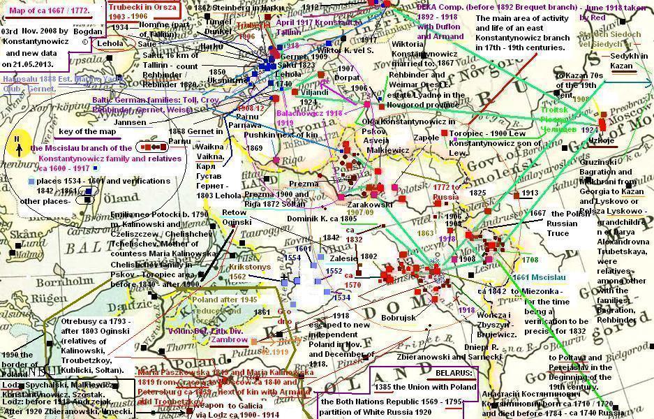 History and genealogy of the Constantinovich family with relatives: Troubetzkoy, Radziwill, Piottuch-Kublicki, Sedykh from Kazan, Soltan, Oginski, Paszkowski and Kalinowski from Cracow, Zbieranowski, Zarako-Zarakowski, Malkiewicz, Armand in Moscow and Petersburg, Gernet from Estonia, Bakst, Demonet or De Monet, Dizeren, Azbelev, Holynski of 18th cent., Bagration-Gruzinski and Mukhrani from Sakartvelo-Georgia.  The Baltic German families in Estonia: von Gernet, Rehbinder, Toll, Croy, Weiss.